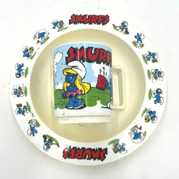 Vintage 1980’s Smurfette/Smurf Kids Tea Set Cup & Plate Set - Picture 1 of 11